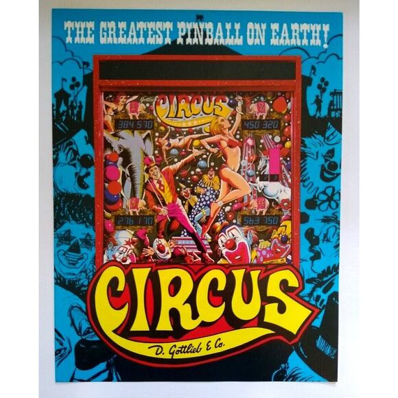 Circus Pinball Flyer Original 1980 Retro Clowns Ringmaster Vintage Art 8.5" x 11 - Picture 1 of 2